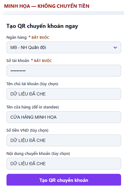 Ảnh minh họa cận cảnh giao diện chọn ngân hàng và nhập tài khoản với vùng dữ liệu đã che